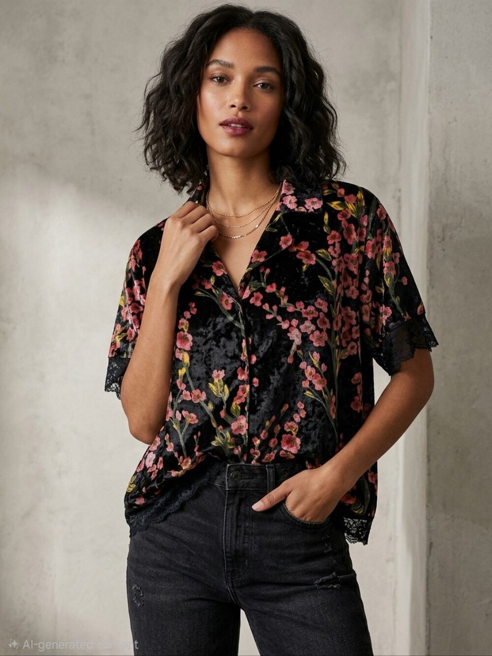 NWOT Nasty Gal Floral Burnout Velvet Lace Trim Short Sleeve Shirt Top Large L